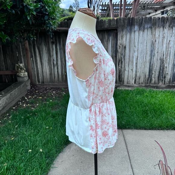 Parallel Skies Pink Floral Peasant Top Blouse Pullover Gathered Waist Size M - Picture 3 of 8